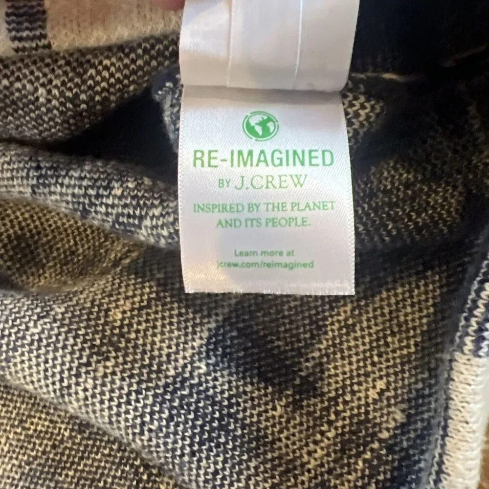 J. CREW Men's Large Cotton Knit Chore Jacket Sweater Navy Cream Plaid EUC